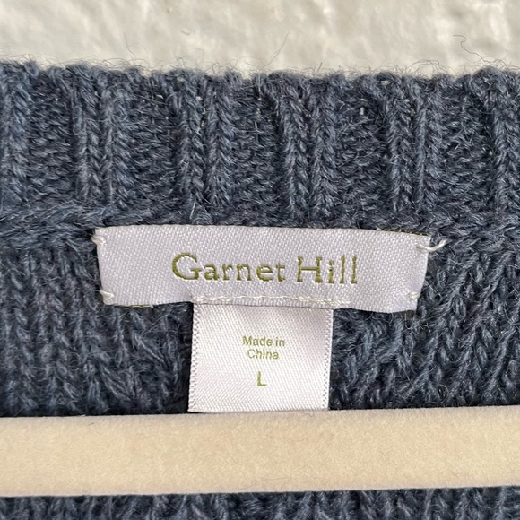 Garnet Hill Blue Cable Knit Wool Blend Curved Hem Pocket Sweater Size Large - Picture 5 of 10